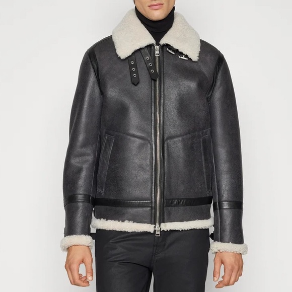 Hugo Boss Lambskin Leather Shearling Buckle Strap Coat Size Large NWT Dark Grey - Picture 2 of 13